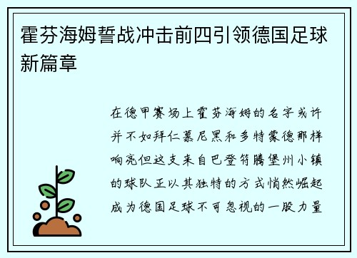 霍芬海姆誓战冲击前四引领德国足球新篇章
